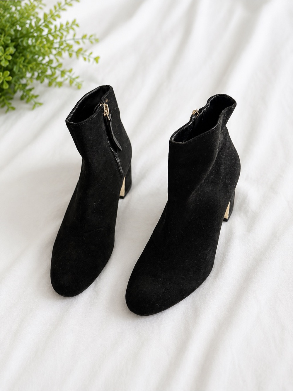 DKNY Black Suede Ankle Booties with Gold Heel Detail